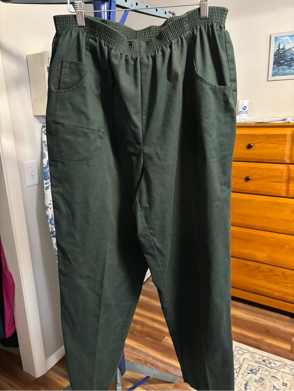 Straight-Leg Elastic Waist Dark Green Women's Pants